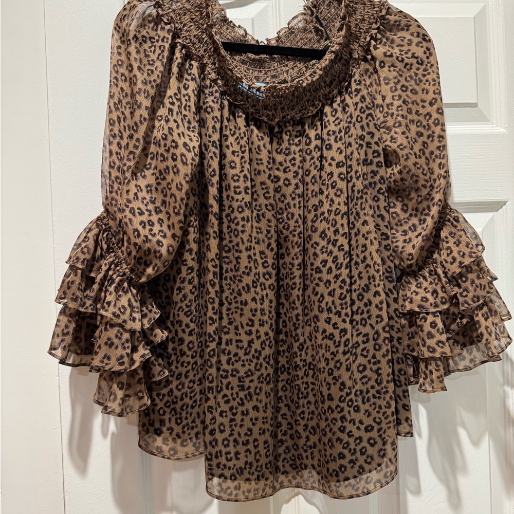 CeCe Brown Leopard Print Ruffle Sleeve Blouse